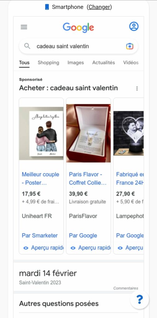 1er resultat organique invisible sur Google car en dessous de la ligne de flotaison sur le mot cle cadeau Saint Valentin 506x1024 1