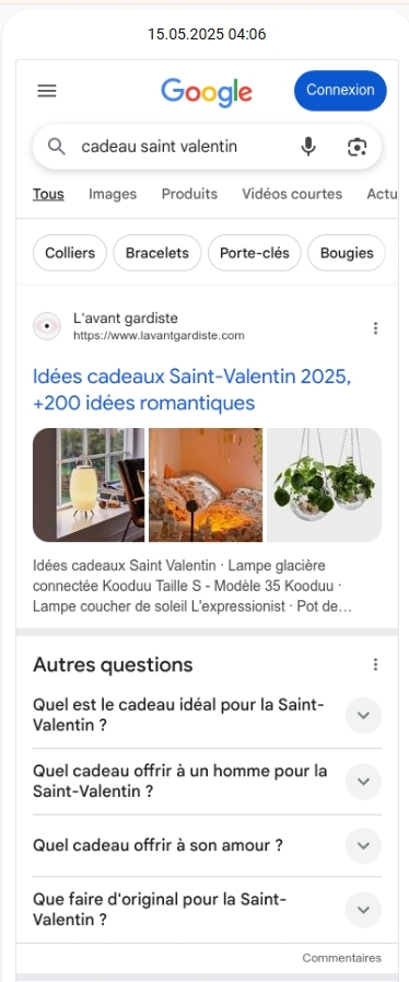 SERP Google cadeau saint Valentin au 15 mai 2025