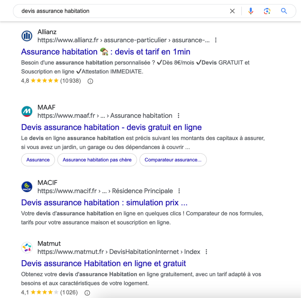 page de résultats Google pour devis assurance habitation